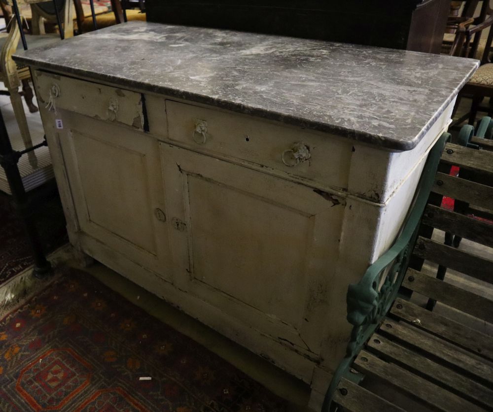 A 19th century painted Continental marble top commode, width 128cm, depth 58cm, height 93cm